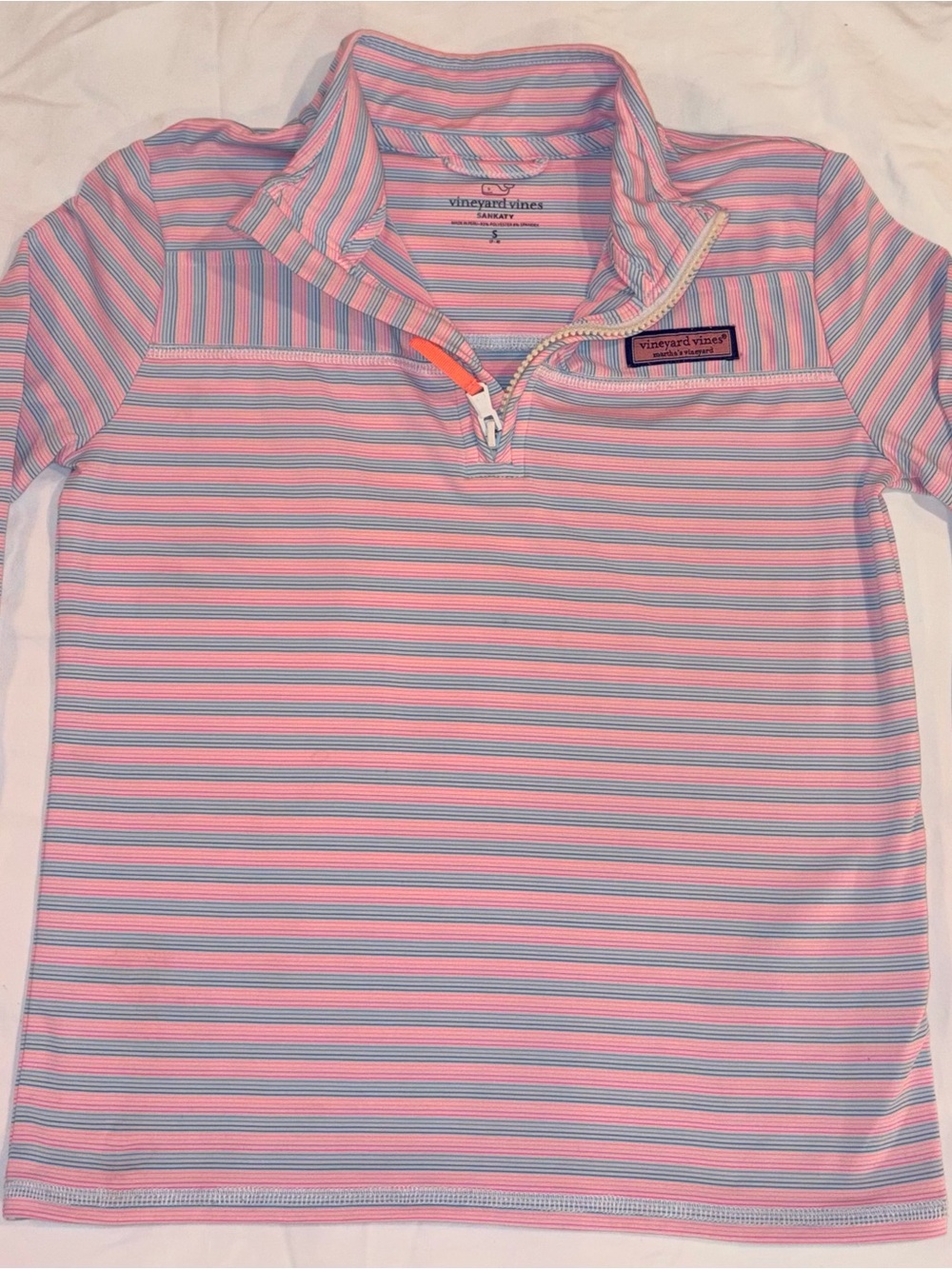 Vineyard Vines Sankaty blue/pink striped performance 1/4 zip shirt EUC
